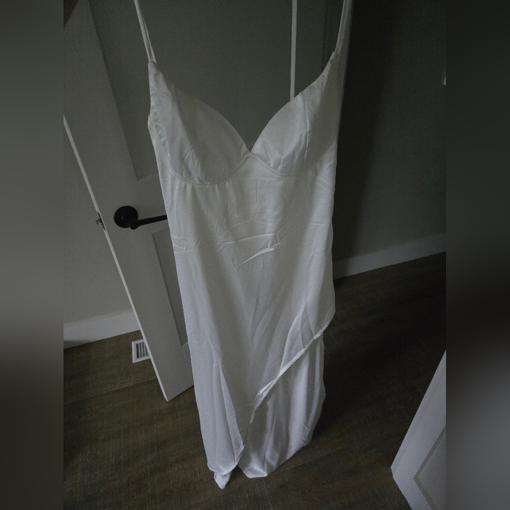 White Asymmetrical Spaghetti Strap Slip Dress